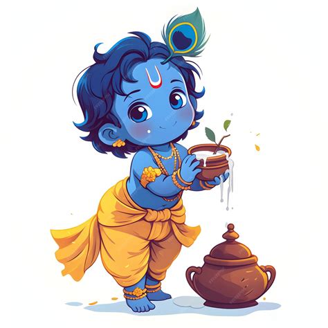 Cute little baby Krishna with Dahi Handi Cartoon character for Krishna Janmashtami | Premium AI ...