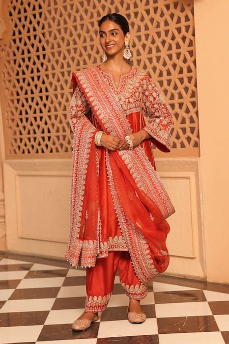 Buy Orange Chauga Kurta Silk Chanderi Embroidery Floral Aiman And ...