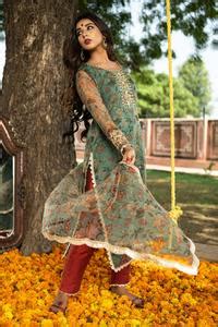 Buy Green Organza, Chanderi Gota Patti Round Neck Vintage Floral Print ...