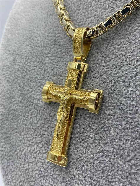 Men's Necklace 14K Gold Cross Pendant for Men Thick Gold Cross Chain ...