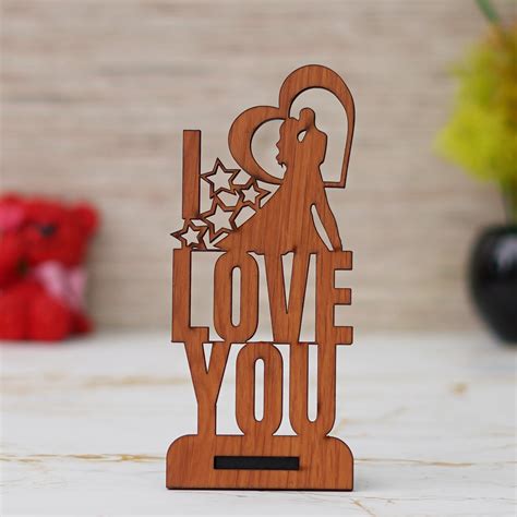 "Love You" Valentine Wooden Showpiece With Stand (Brown) – eCraftIndia