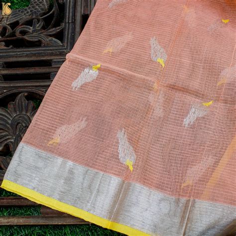 Handwoven Peach Real Zari Kota Blouse Bird Fabric – Khinkhwab