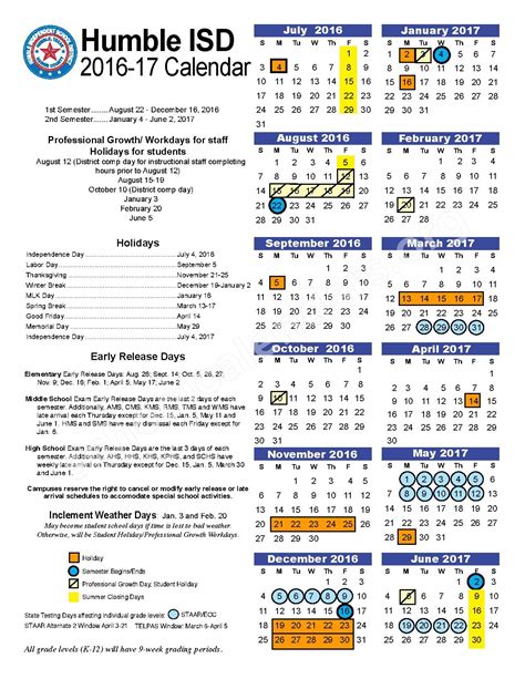 2016 - 2017 Humble ISD Calendar | Humble Independent School District ...
