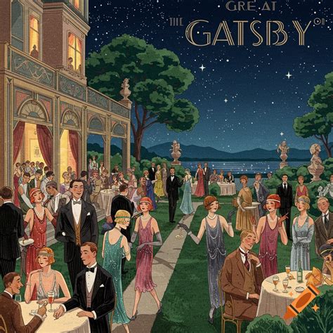 A 1920s party outside a grand mansion at night, under a starry sky with text 'THE GREAT GATSBY ...