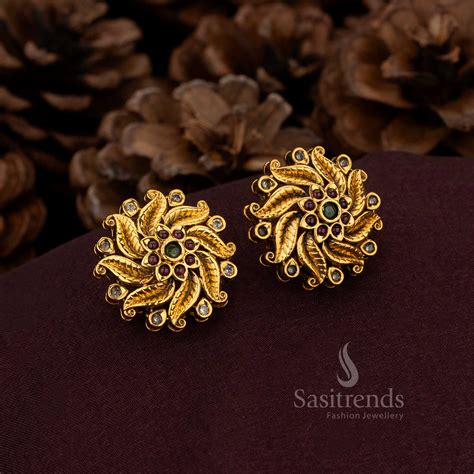 Antique Matte Gold Plated Circular Floral Stud Earrings – Sasitrends