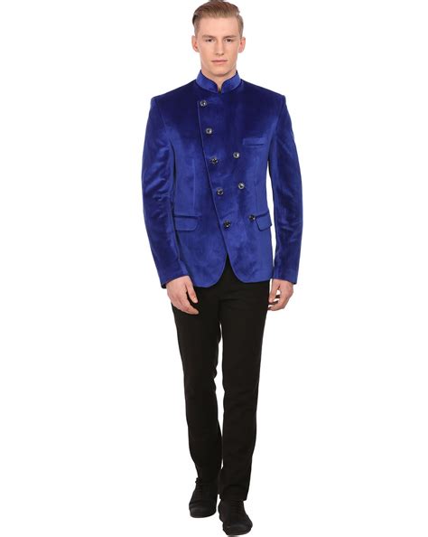 Buy Blue WINTAGE Solid Double-Breasted Blazer with Mandarin Collar | AJIO