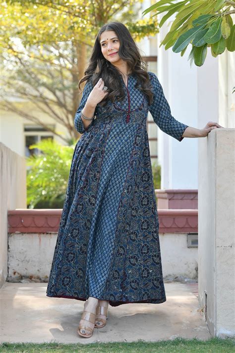 Jagvi Indigo Block Printed Flared Women Dress | Mulmul – Mulmul.com