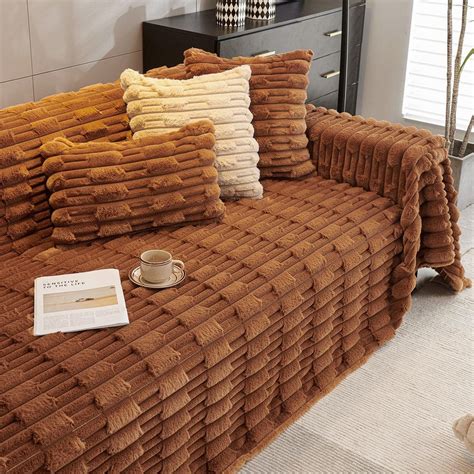 Russet Brown Colour Luxury Waxy Faux Rabbit Fluffy Plush Sofa Throws ...