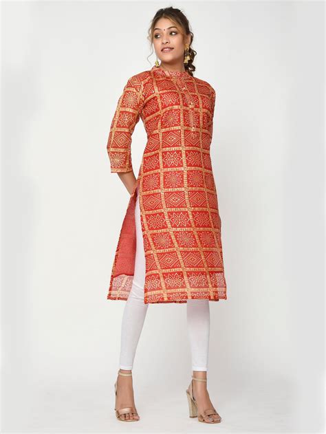 Buy Women Orange & Yellow Chunari Bandhej Straight Aria Kurta for Women ...