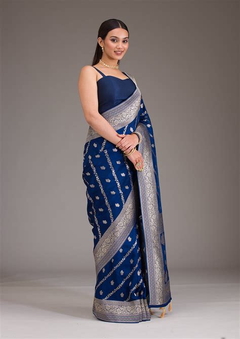 Buy Navy Blue Zariwork Semi Crepe Saree - Koskii
