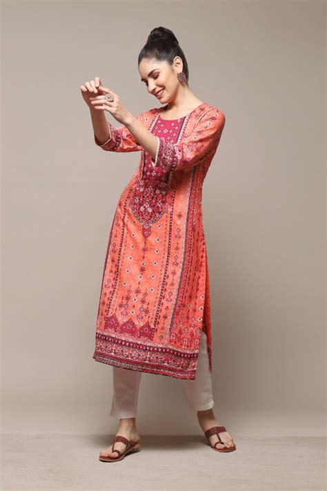 Coral Polyester Straight Printed Kurta