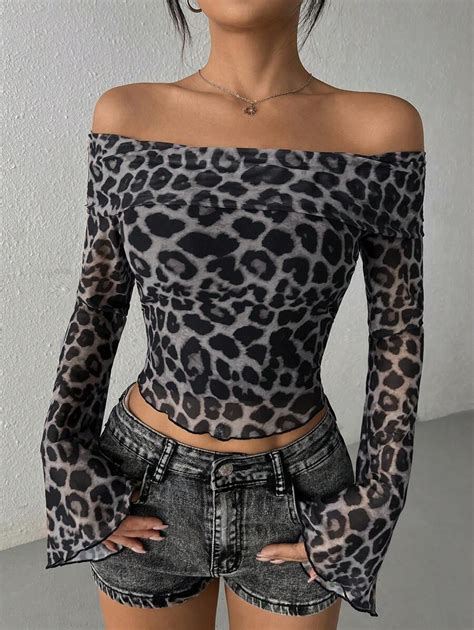 SHEIN Teen Girl Leopard Print Mesh Off-Shoulder Flared Sleeve Cropped ...