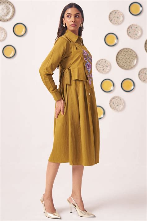 Western Era | Gold Overlap Shirt Dress | Chintz Embroidery & Side Tie ...