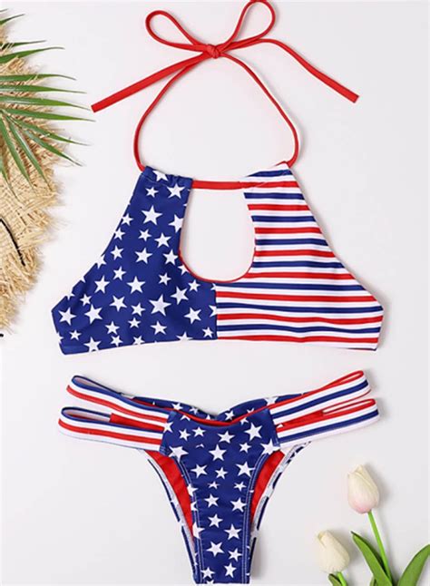 Women's Halter American Flag Bikini Keyhole Front 4th of July Swimsuits ...