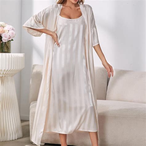 Xysaqa 2 Piece Satin Nightgown Robe Sets for Women Loose Wedding Party ...