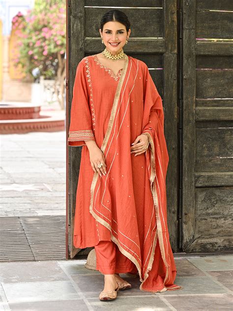 Rust Gota Embroidered Chanderi Suit - Set of 3