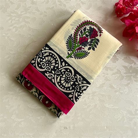 Ivory Magenta Paisley Floral Cotton Saree With Black Printed Border ...