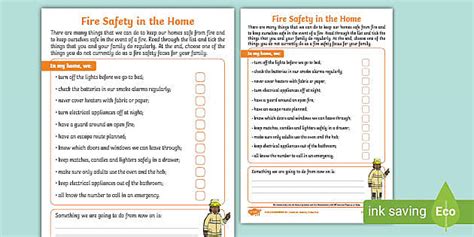 Fire Child Home Safety Checklist - Parents (teacher made)