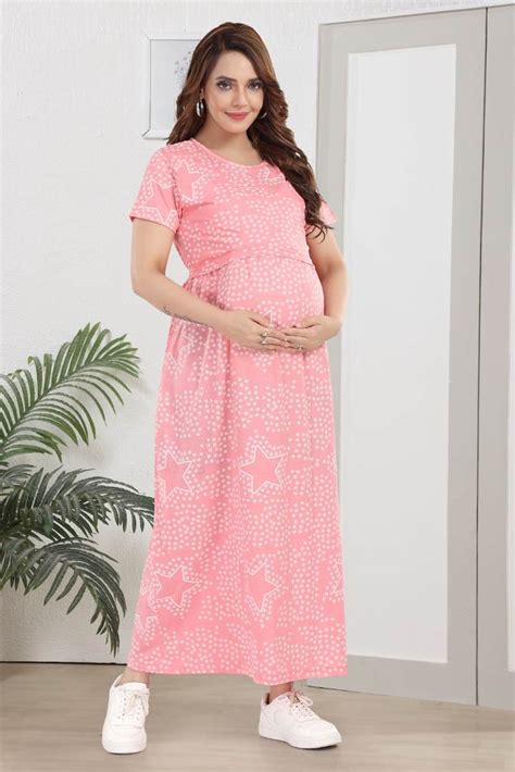 Baby Pink Star Printed Feeding Nighty | Nursing Sleepwear – MomsBae