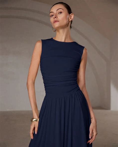 Ruched Waist Sleeveless Navy Blue Maxi Dress - Littlebox India