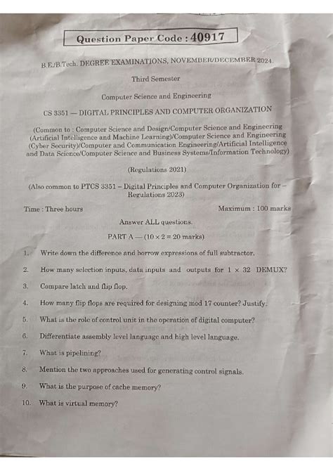 CS3351 Nov/Dec 2024 Question Paper - Digital Principles & Computer Org ...