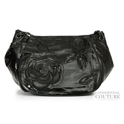 Vintage Black CC Camellia Accordion Flap Bag in Patent leather ...