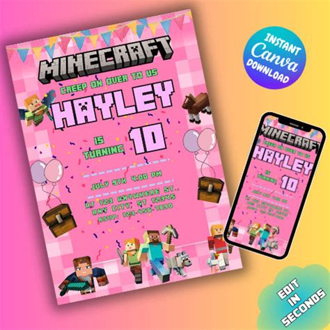 Minecrafter Girl Invitation Minecraft Birthday Party Invitation ...