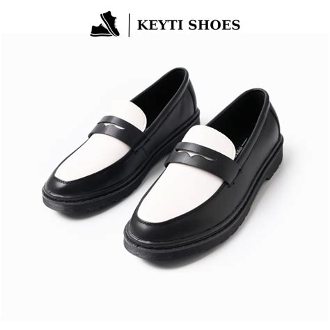 Penny Loafer Black White Full Grain Leather Shoes, High Quality Sole ...