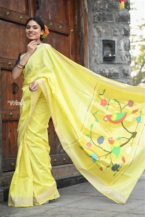 Buy Raaga~ Traditional Handloom Pure Cotton Fresh Yellow Paithani with ...