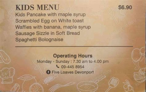 Menu at Five Loaves cafe, Auckland, 29 Church St