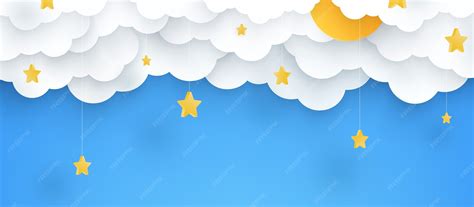 Ilustração. Fundo azul infantil com nuvens e estrelas | Vetor Premium