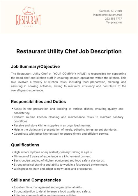 Free Restaurant Utility Chef Job Description Template to Edit Online