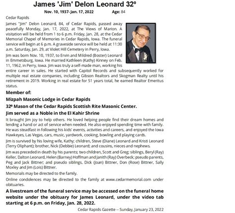 Cedar Rapids Scottish Rite - Obituaries
