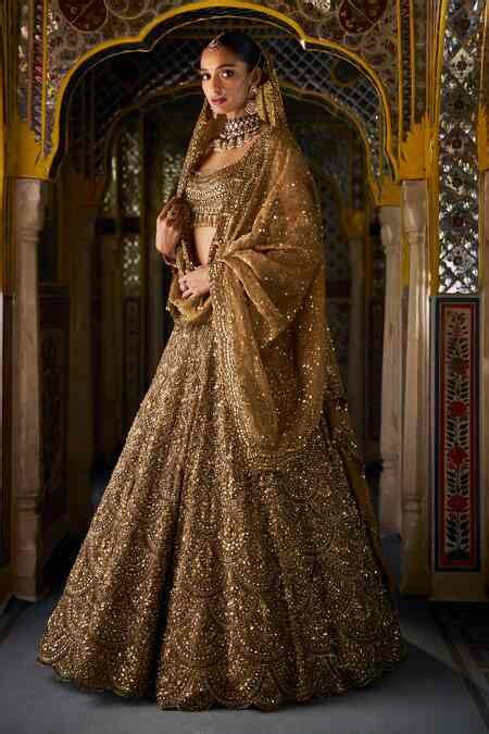 Buy Gold Organza, Tissue, Silk Sequins Round Neck Tonal Embroidered ...