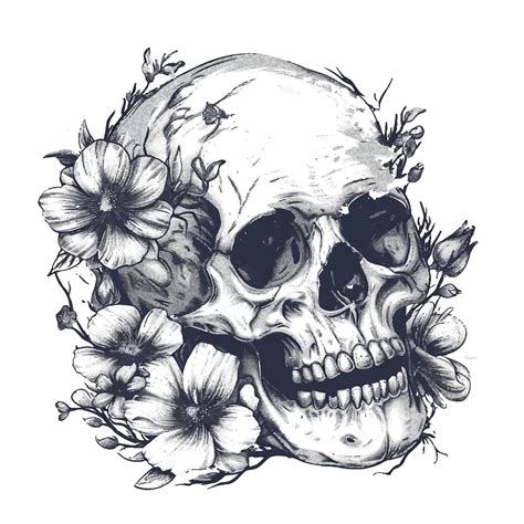 Human skull and blooming flowers sketch vintage engraved style with ...