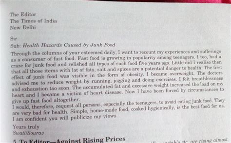 write a letter to editor about awarness junk food - Brainly.in