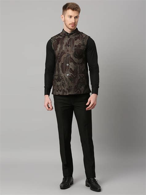 Knitted Maroon Gold Abstract Print Nehru Jacket – Essas Club