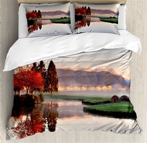 Fall Duvet Cover Set Queen Size, Vibrant Maple and Pine Trees ...