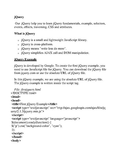 jQuery Fundamentals: Examples, Selectors, and Effects Guide - Studocu