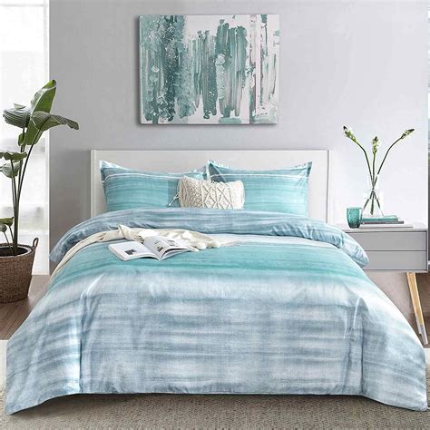 ETDIFFE Comforter Set King Size, 3pc Teal and Blue Gradient Striped ...