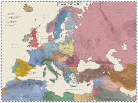 Map Of Europe 1935 With Rivers And Lakes