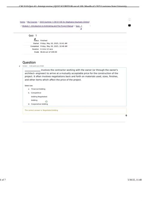 CM 3110 Quiz #1: Attempt review | QUIZ SCORED 86 out of 100 Moodle 4.5 ...