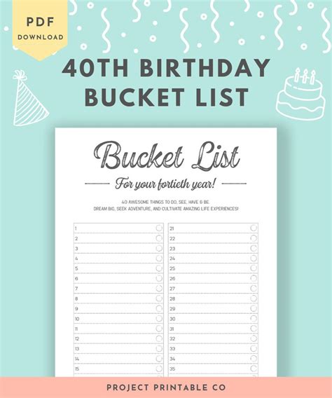 40th Birthday Bucket List Printable Digital PDF Download A4 | Etsy