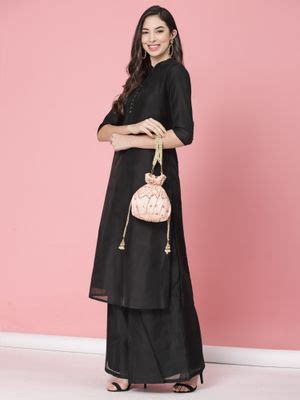 Buy Anekaant Dangle Pink & Gold Chevron Embroidered Faux Silk Potli Online