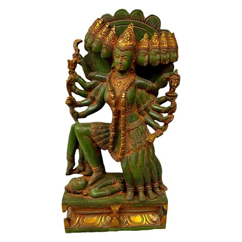 Mahakali Brass Statue Idol with 10 Heads - 15" Tall, Sand Finish
