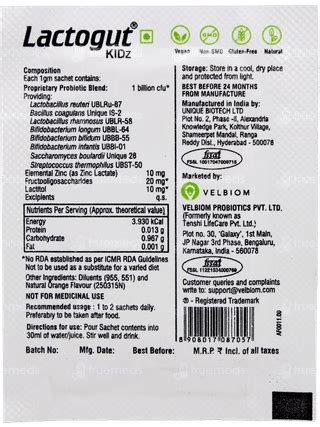 Velbiom Lactogut Kidz Orange Flavour Sachet 1gm - Uses, Side Effects ...