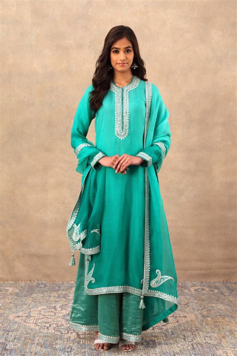 Hand Embroidered Sea Green Pure Katan Silk Kurta Palazzo Set