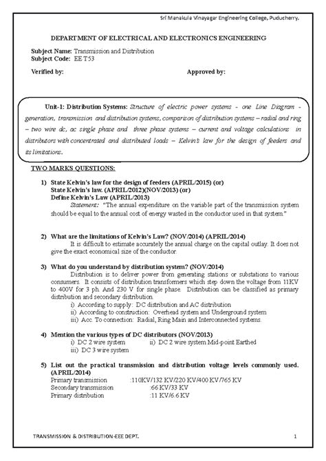 Transmission and Distribution Unit1 - DEPARTMENT OF ELECTRICAL AND ...