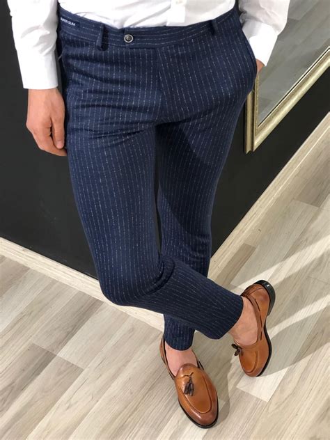 Buy Navy Blue Slim Fit Striped Pants by Gentwith.com with Free Shipping ...