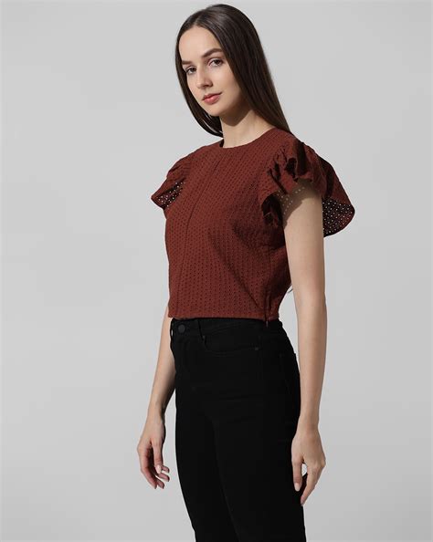 Brown Schiffli Flutter Sleeves Top
